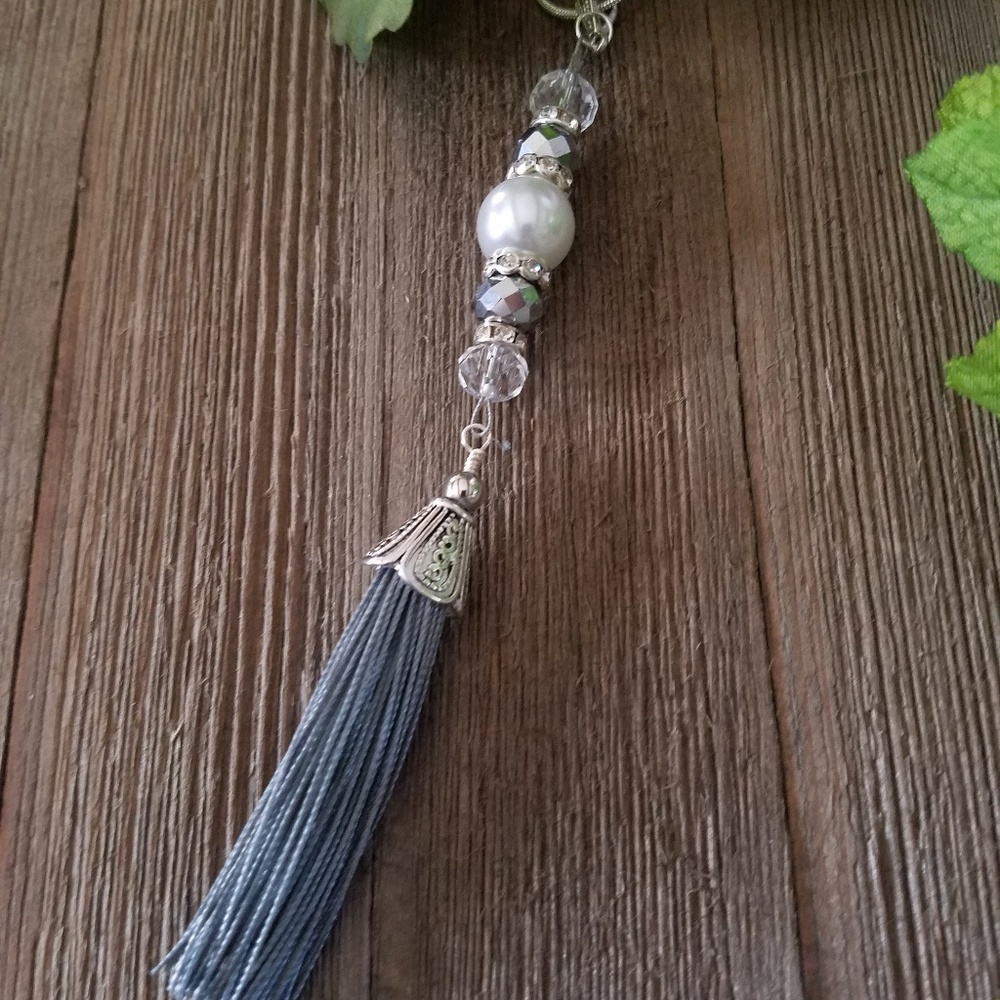 Gray tassel, pearl & crystal necklace